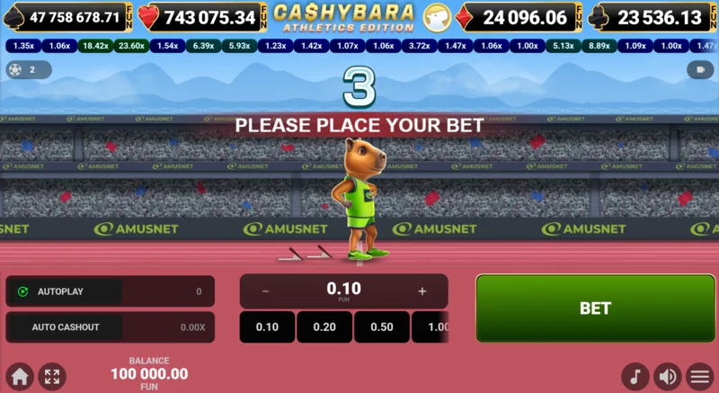 Cashybara Athletics Edition – pagrindinis bėgimo ekranas su koeficiento skaitikliu